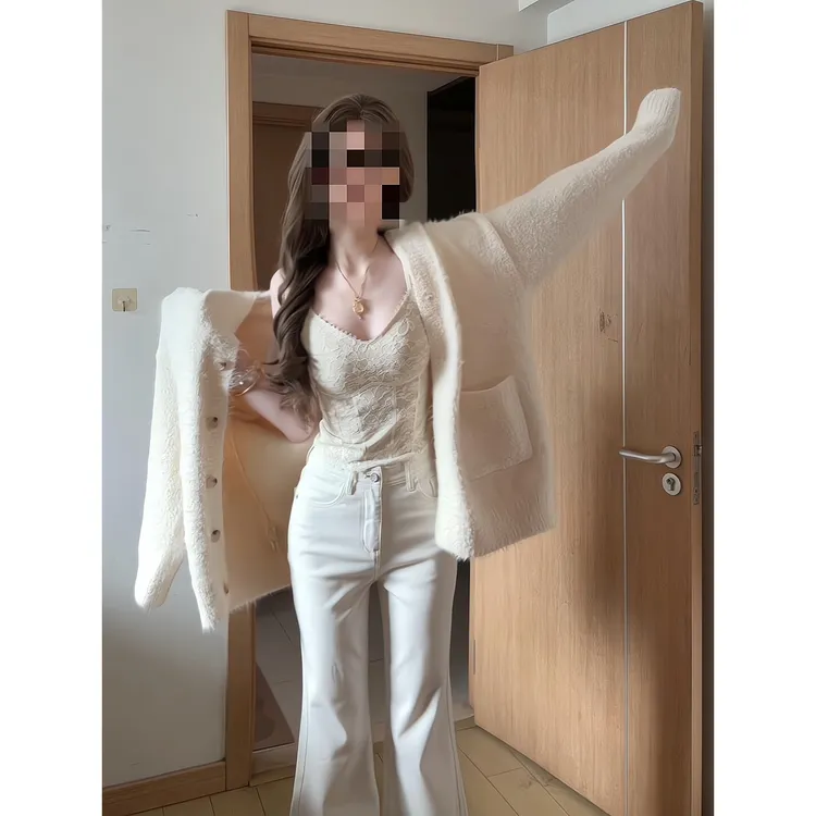 秋冬季毛毛领连帽毛衣外套女针织开衫上衣垂感牛仔裤微喇裤拖地裤