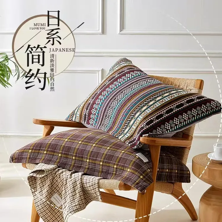 【厂家直销】纯棉纱布A类枕巾简约格子款式一对装四季高档枕巾