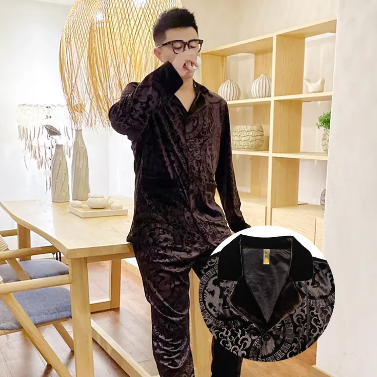 大码男士龙纹咖色金丝绒睡衣套装2025春秋高品质奢华可外穿家居服