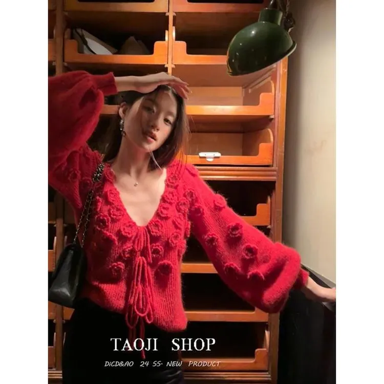 【花漾花海】RARE法式慵懒温柔风手工钩花毛衣高腰V领针织衫上衣女