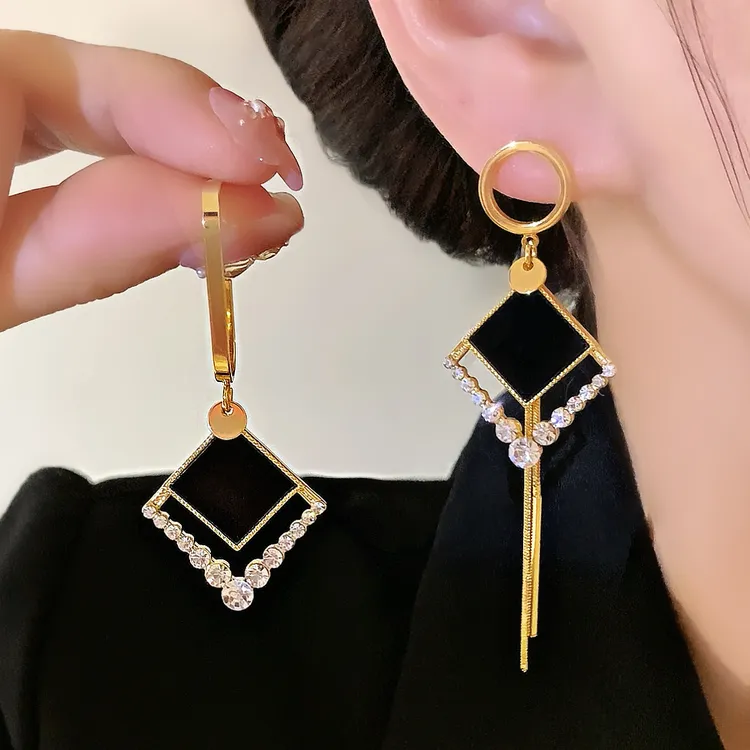 铜合金合成锆石耳饰 小众别致不对称圆形几何设计长流苏耳环1320