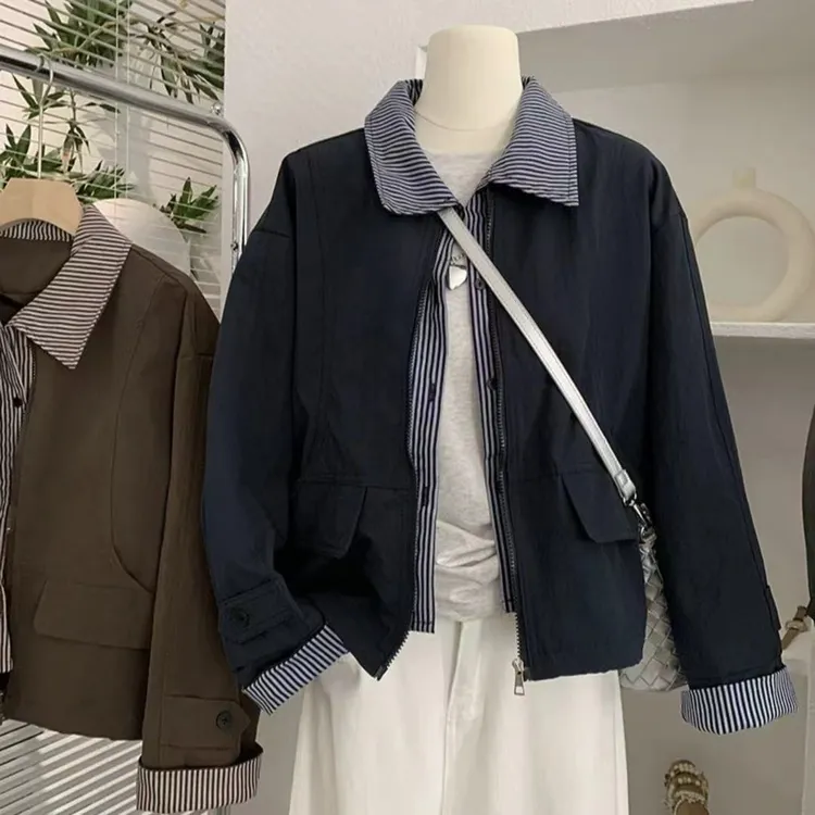 小个子假两件拼接条纹短外套韩版宽松休闲百搭ins开衫新款上衣女