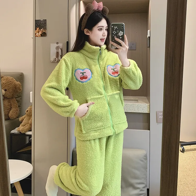 睡衣秋冬季女珊瑚绒套装加大码宽松加绒加厚保暖半边绒拉链家居服