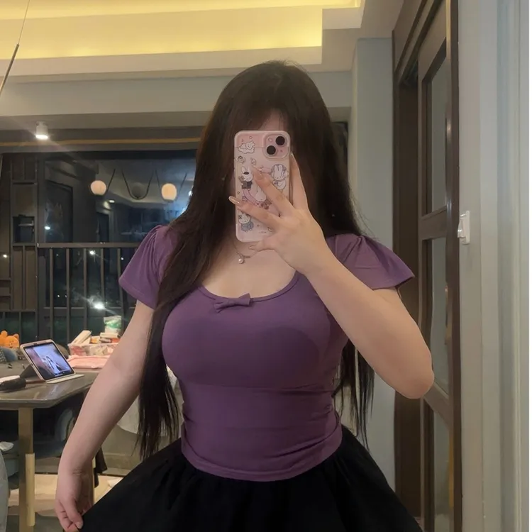 【清仓】性感飞飞袖蝴蝶结T恤女夏季设计感清纯色显瘦内搭上衣辣妹