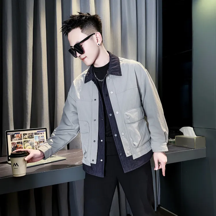 假两件撞色拼接外套男款春秋新款男生衣服高级感潮牌翻领短款夹克