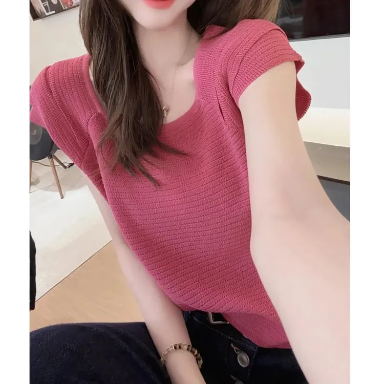 洋气通勤时尚设计感上衣女2025夏季新款减龄显瘦拼接短袖针织衫