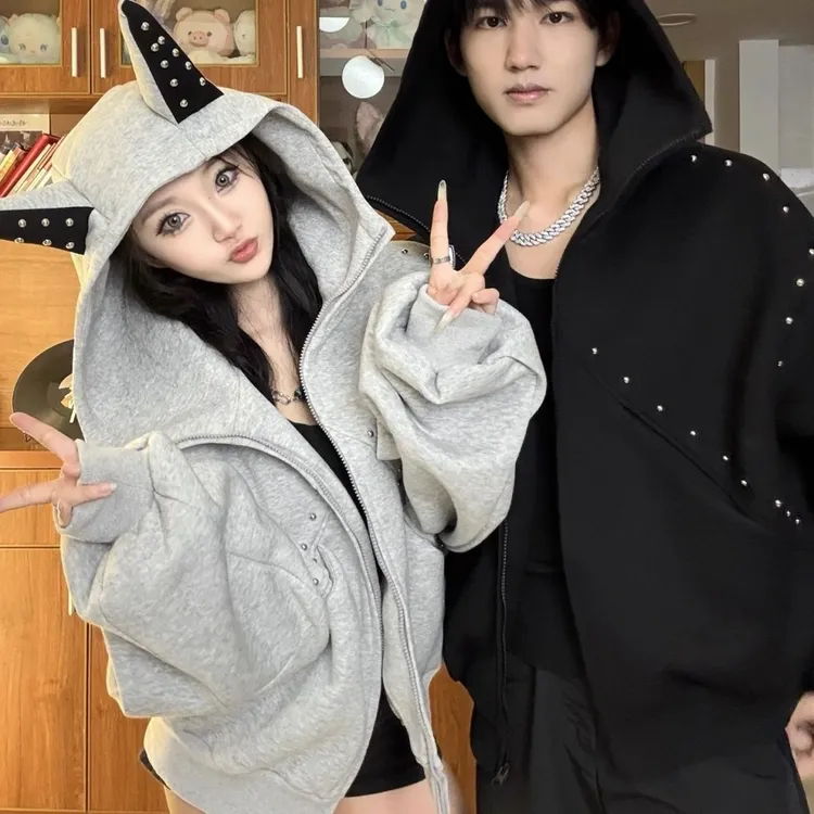 美式个性情侣装外套秋款铆钉开衫卫衣男士时尚百搭设计感帽衫潮流