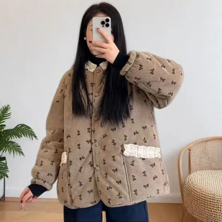 抗寒零下15度冬季女三层加厚棉袄碎花加绒保暖外穿大码家居服单件