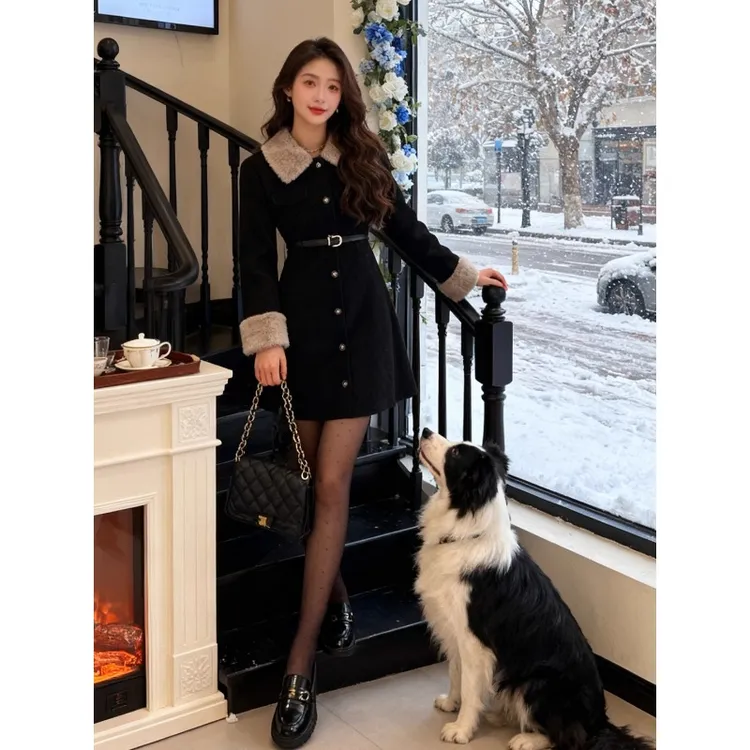 法式小香风时髦气质加绒翻领外套连衣裙女秋冬款撞色收腰显瘦短裙