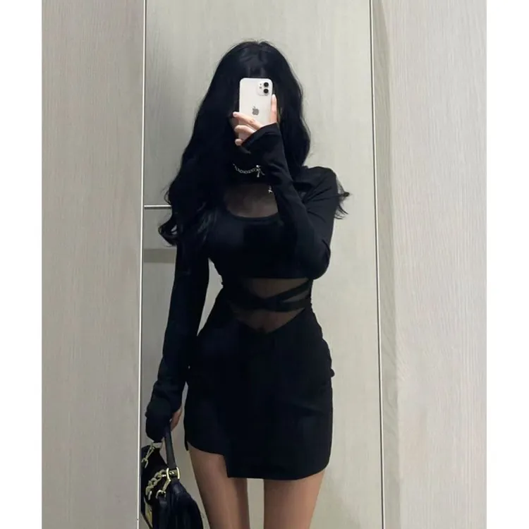 性感辣妹微透视黑色连衣裙网纱拼接纯欲成熟包臀裙紧身显瘦修身