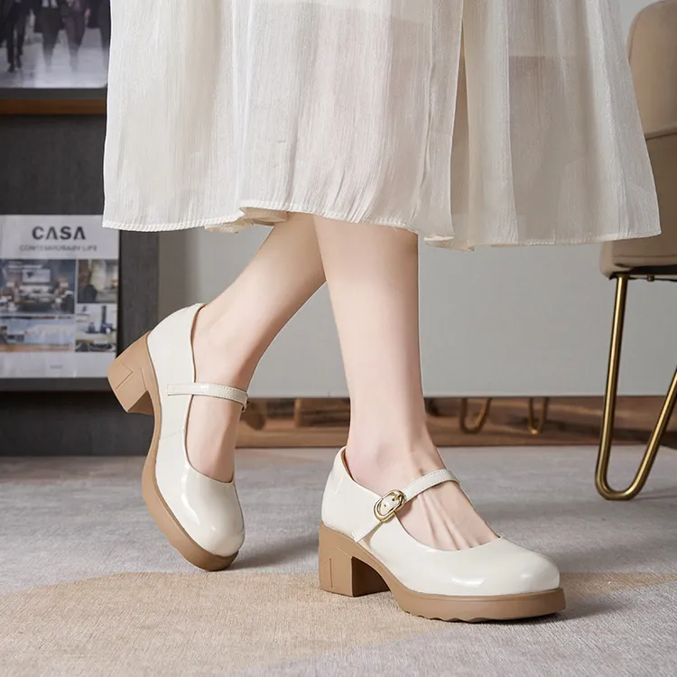 昔子3318新款玛丽珍单鞋低帮鞋浅口高跟粗跟法式厚底中跟圆头春秋