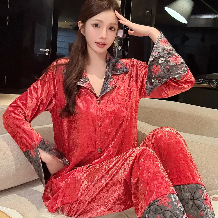 金丝绒睡衣女秋冬长袖大红色新婚小香风高级感轻奢家居服套装秋季