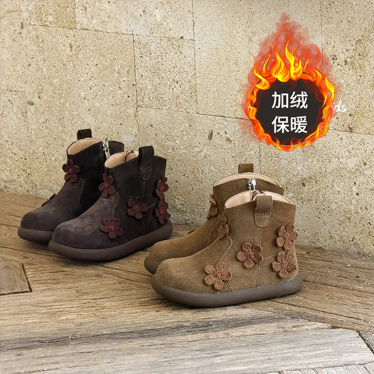 韩版女童花朵马丁靴公主靴2025冬季加绒新款儿童棉靴宝宝保暖短靴