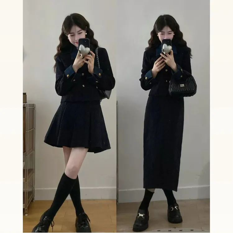 大码法式高级感套装女秋冬小香风假两件夹棉外套半身裙两件套