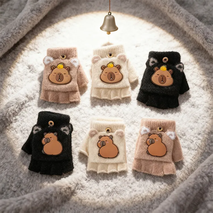 儿童3-7岁卡皮巴拉保暖半指翻盖五指卡通手套可爱男女童防寒写字