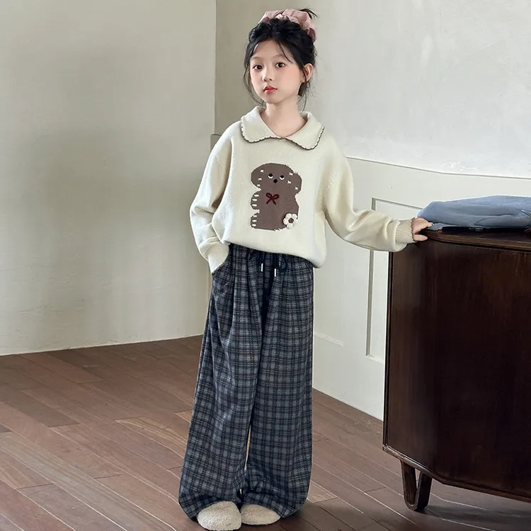 女童毛衣套装深秋季2025新款儿童洋气时髦中大童女孩格子裤两件套