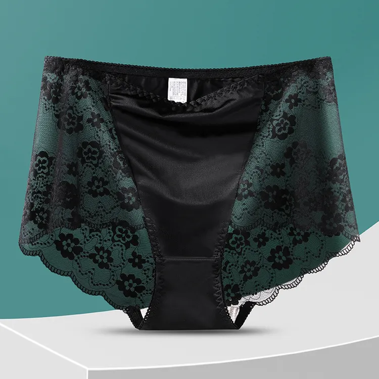 新款高腰加大加肥女士内裤性感镂空蕾丝透气无痕冰丝包臀收腹棉档