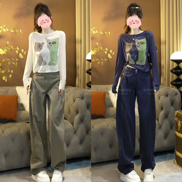 2025夏季卡通小猫薄款防晒长袖T恤上衣显瘦百搭工装休闲裤套装女