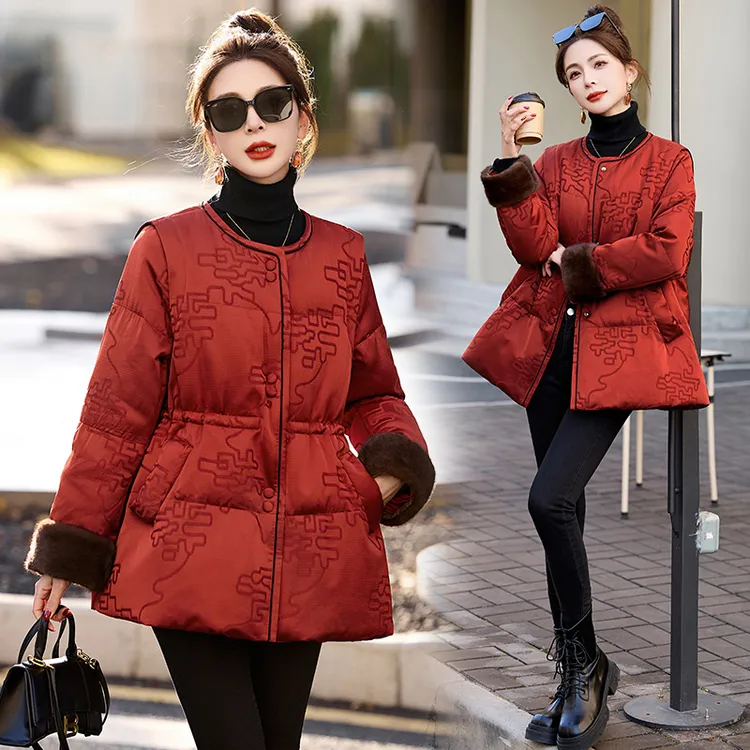 正品波司新中式国风提花收腰羽绒服女2024复古红色白鸭绒外套冬