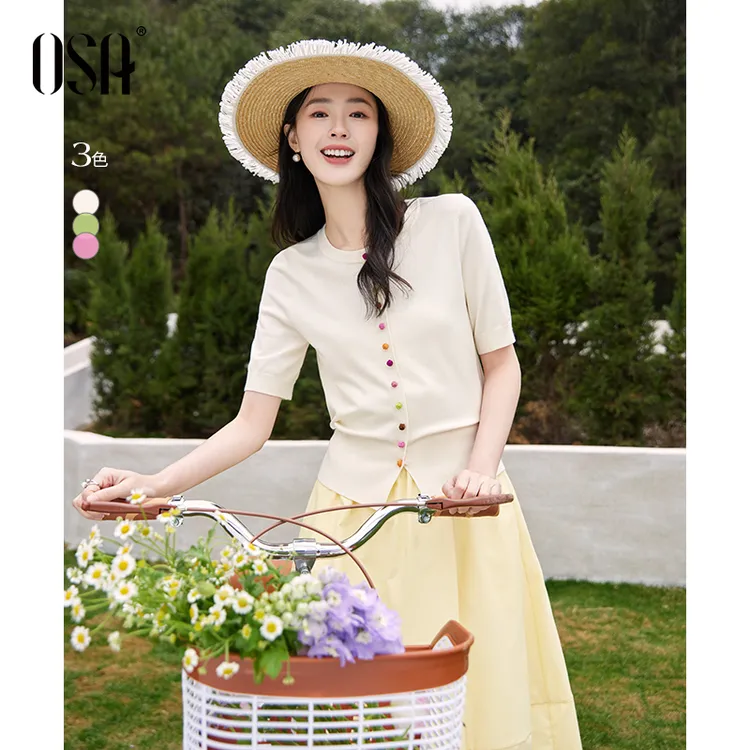 OSA/欧莎{糖果针织}多巴胺时尚百搭套头短袖针织衫女S125B16031