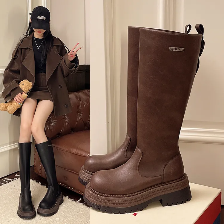 【予婕】厚底长筒靴女2025秋冬新款美拉德显瘦高筒骑士靴不过膝长靴