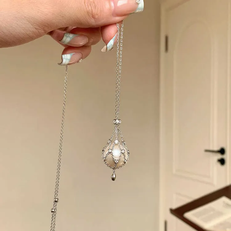 铜合金锆石吊坠 法式锆石网兜仿珍珠吊坠项链高级感锁骨链时尚百