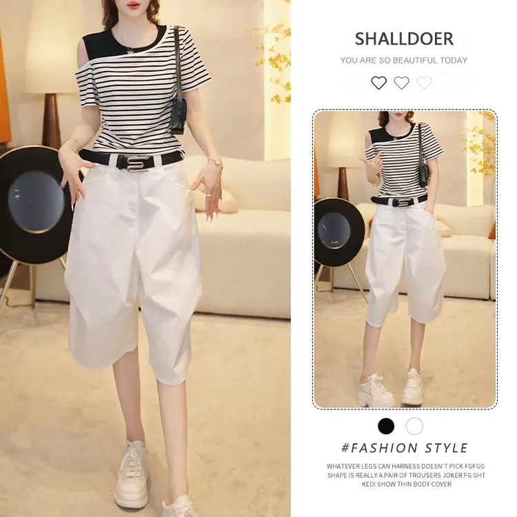 美式潮流个性套装女2026新款夏季露肩短袖t恤阔腿五分裤子两件套