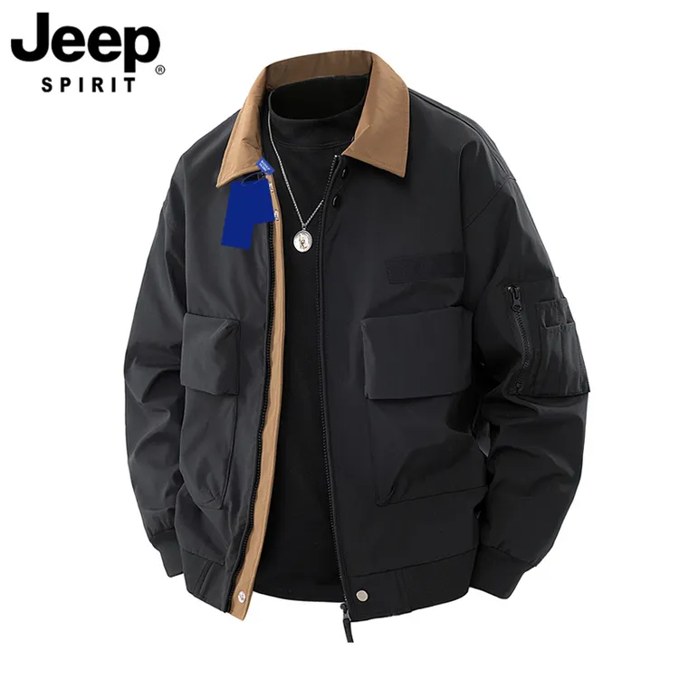 JEEPSPIRIT吉普秋季撞色翻领夹克男装时尚潮牌大口袋工装外套衣服