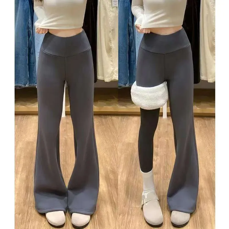 lulu同款羊羔绒微喇裤女秋冬季款低腰垂感显瘦喇叭裤运动加绒裤子