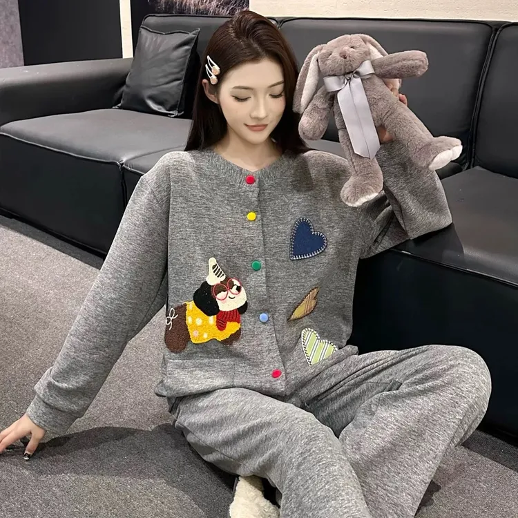 秋冬新款软糯双面绒桑蚕丝羊毛睡衣女加绒加厚宽松休闲家居服套装