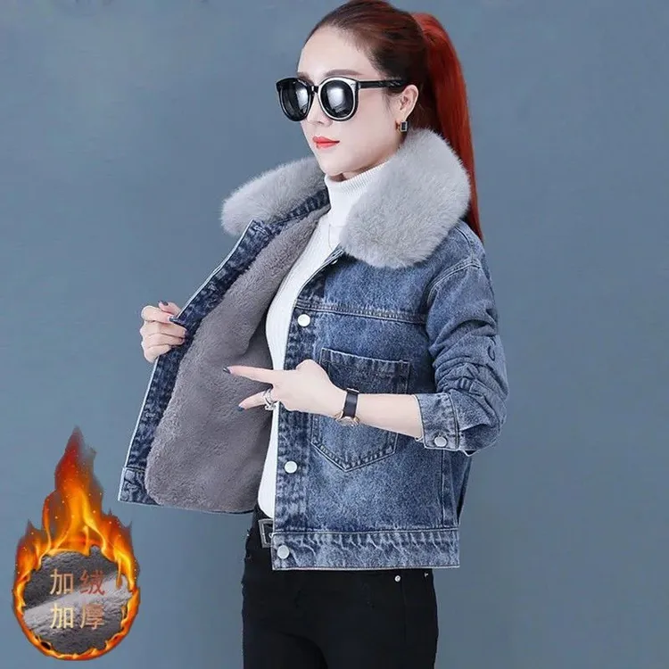 时尚洋气加绒牛仔外套女小个子秋冬季新款韩版显瘦百搭加厚棉衣潮