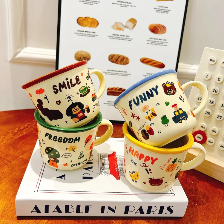 ins满印卡通陶瓷杯马克杯复古家用创意学生可爱大容量水杯杯子