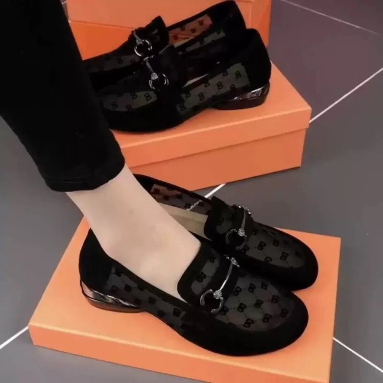 真皮单鞋女2025年新款夏季镂空网纱时尚女鞋低跟豆豆鞋透气乐福鞋