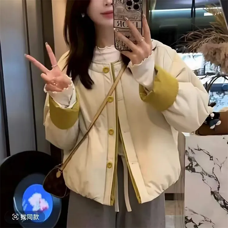 复古圆领撞色袖口翻边棉服外套女2025秋冬新款时尚百搭宽松棉衣潮