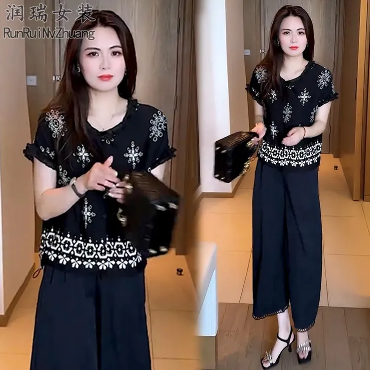 慵懒风时尚女装2025夏季新款妈妈装宽松显瘦短袖小衫阔腿裤两件套
