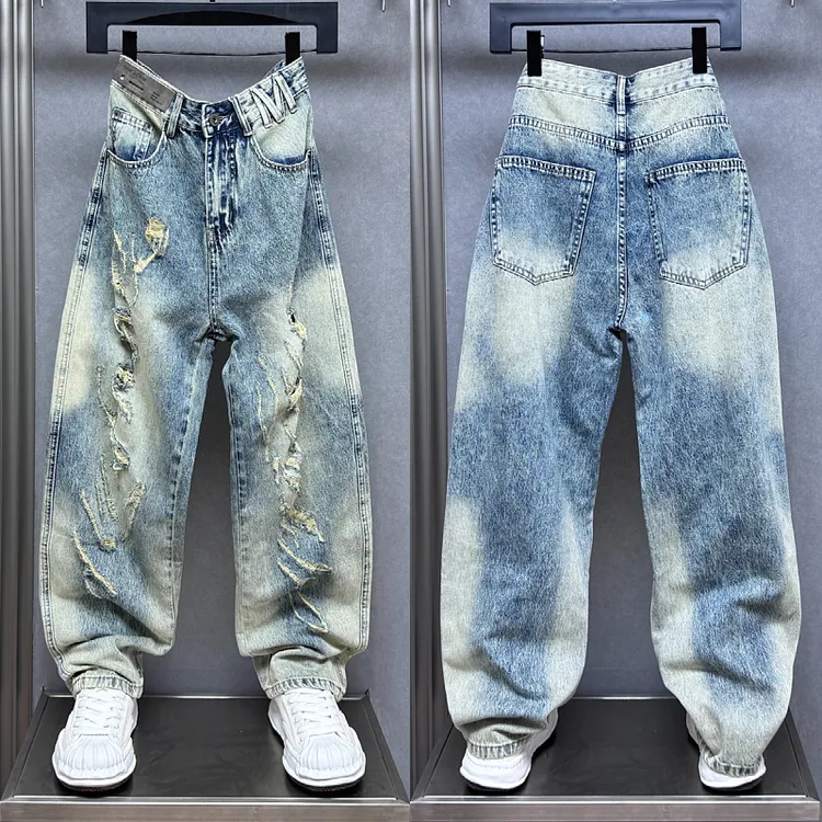 美式高街破洞刮烂水洗牛仔裤男夏季薄款宽松直筒裤痞帅潮牌阔腿裤