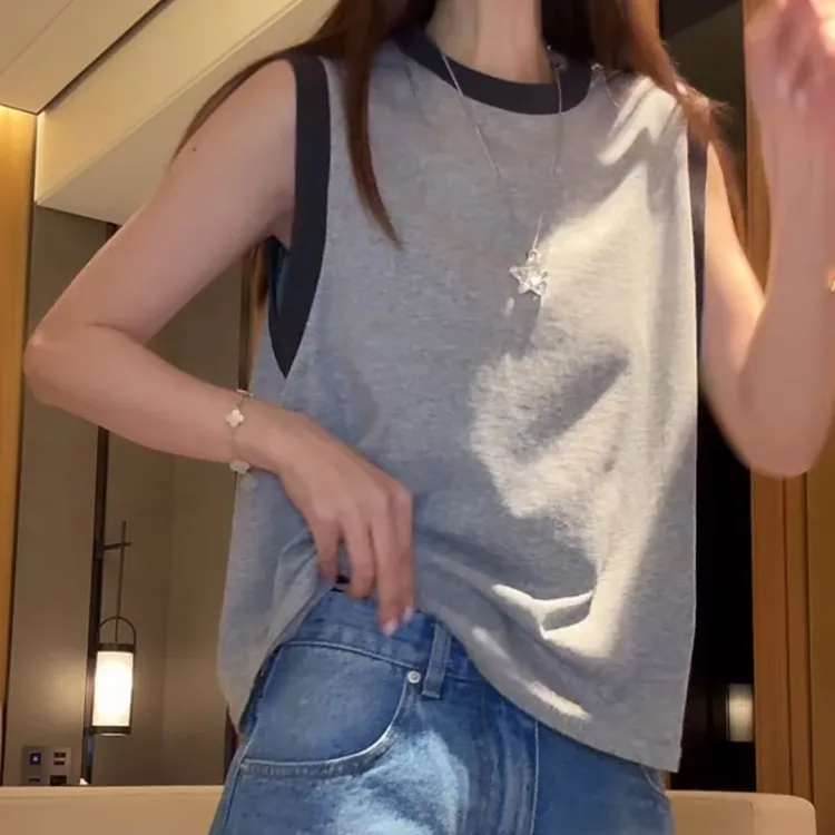 2025时尚撞色宽松圆领美式简约休闲百搭纯色无袖T恤LK2504245