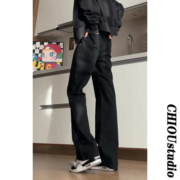 黑色cleanfit牛仔裤男款美式vibe裤子设计感修身直筒高街微喇裤子
