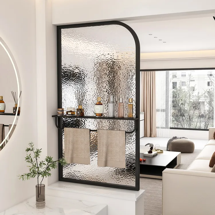 奶油风卫生间半墙水波纹玻璃隔断长虹屏风干湿区洗手台毛巾置物架