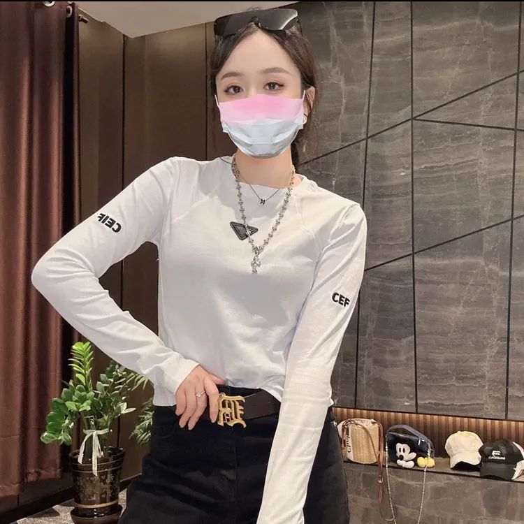 欧洲站秋季新款字母印花拼接三角标t恤女时尚洋气百搭上衣潮1072