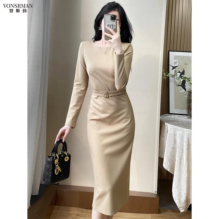 高级感长款修身包臀连衣裙2025秋装新款女神范职业遮肚法式长裙女