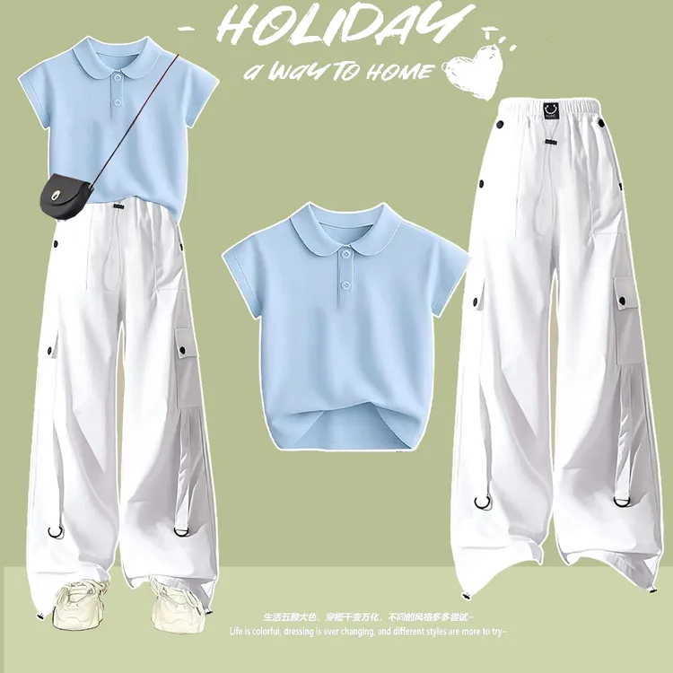女童套装夏季2025多巴胺休闲Polo衫T恤初中阔腿裤夏青少年两件套