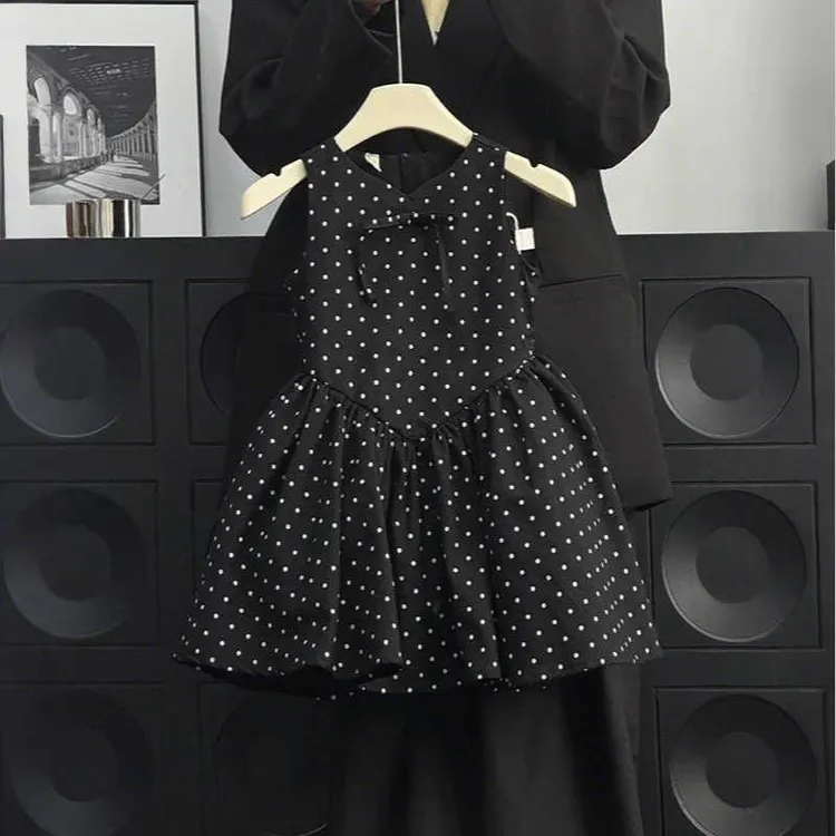 MUMUWU童装女童甜美波点连衣裙夏装儿童洋气赫本风女孩黑色背心裙