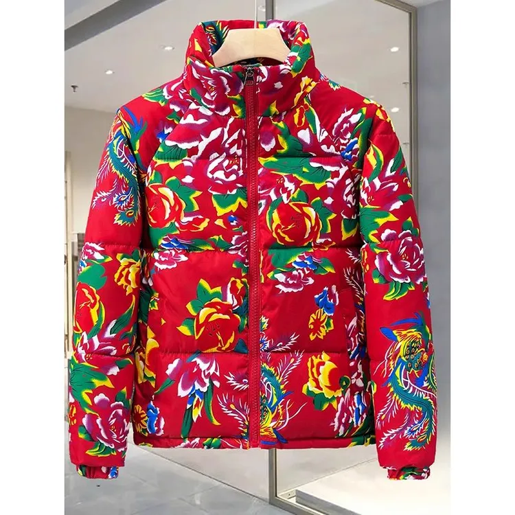 啄木鸟东北大花棉袄男冬季国潮牡丹花立领加厚保暖棉衣网红喜庆棉