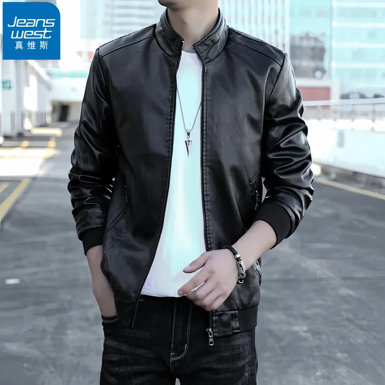 真维斯Jeanswest/秋季男士时尚机车皮衣休闲百搭立领潮流夹克外套