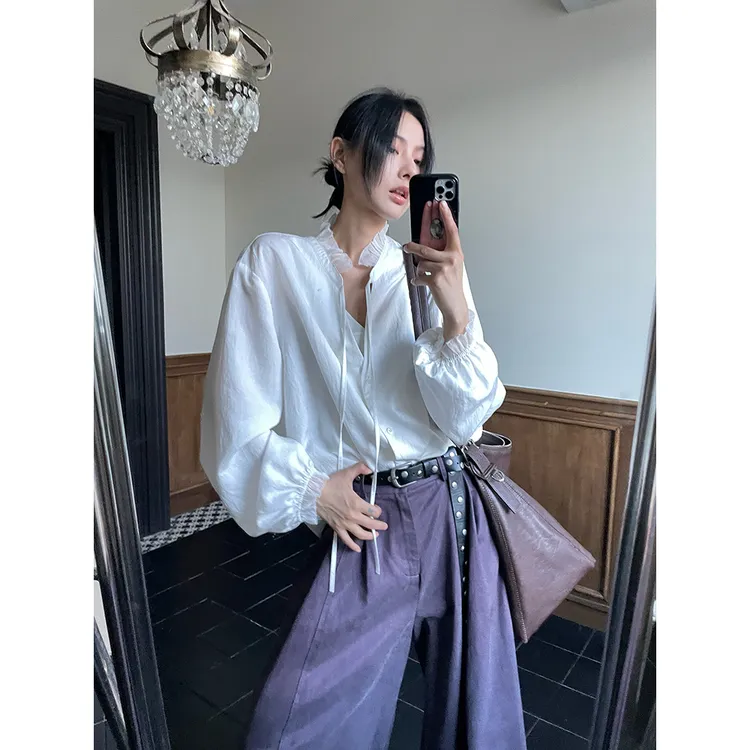 JCCC影子【屋上月白】白色极简法式V领绑带拼纱长袖衬衫JE4DSC20