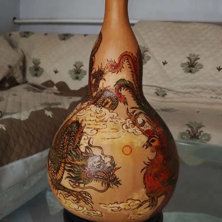 烙画彩绘家居装饰大吉大利龙凤呈祥，净高40厘米带底座