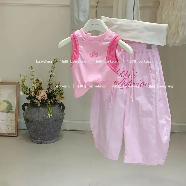 韩版童装2025夏季新款女童撞色字母背心上衣宝宝宽松阔腿弯刀裤潮