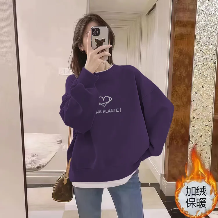 圆领加绒加厚假两件卫衣女秋冬季新款胖妹妹大码宽松洋气减龄上衣
