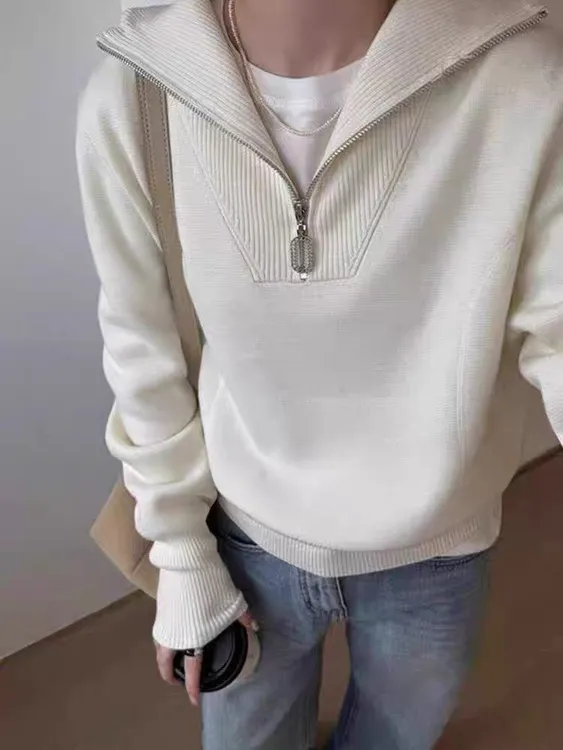 欧货两边收腰线半拉链宽松毛衣